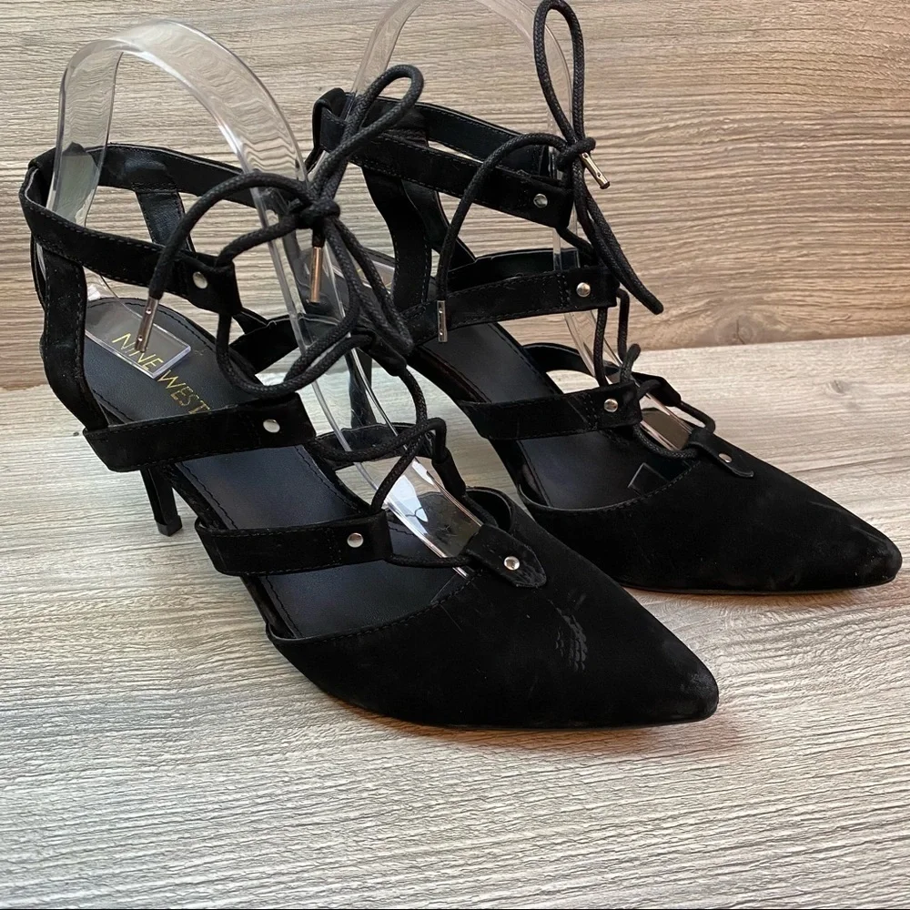 Black velvet pointy lace up heels